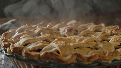 A Warm, Steaming Pie with a Beautifully Braided Crust close up shot of freshly baked steam  