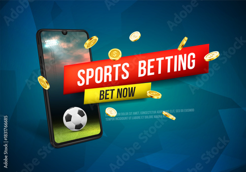 Sports betting banner with smartphone, soccer ball, and flying coins. Mobile gambling online concept. Vector illustration for betting apps, and gaming promotions.