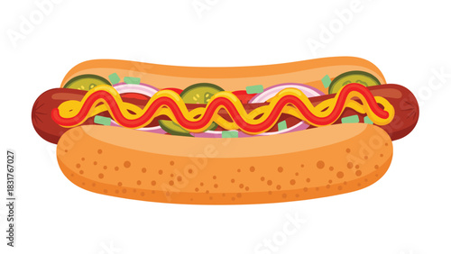 Delicious and vibrant cartoon hotdog with mustard, ketchup, pickles, and onions ready for a fun summer barbecue or food festival