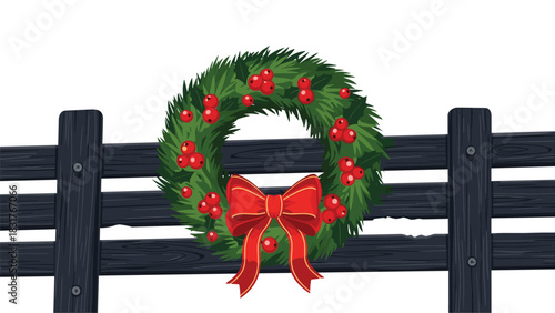 Charming holiday wreath with red bow adorning rustic wooden fence, perfect for festive greetings and seasonal cheer with traditional style