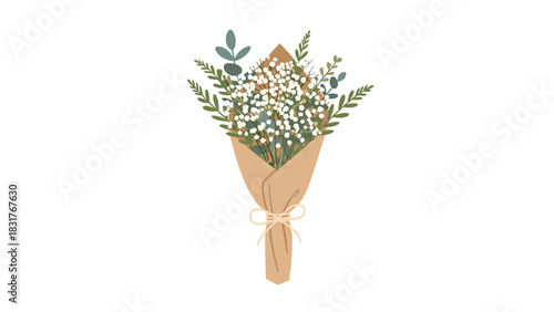 Beautifully wrapped bouquet of baby's breath and greenery for a special occasion or heartfelt gift idea with natural paper wrapping