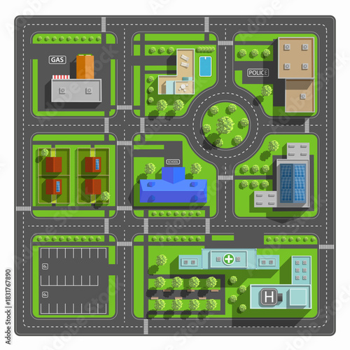 Top aerial view city with houses, buildings, and streets with roads. Vector illustration.