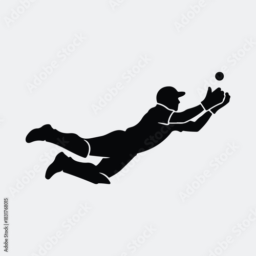 Silhouette cricket fielder diving catch black action vector illustration