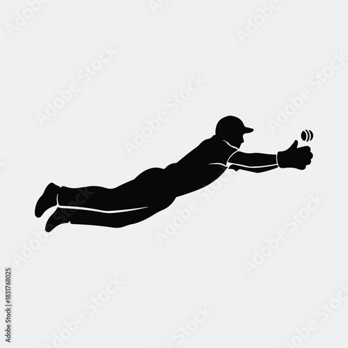 Silhouette cricket fielder diving catching ball vector illustration