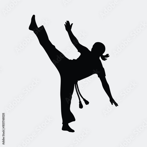 Silhouette capoeira fighter training leg high kick vector illustration