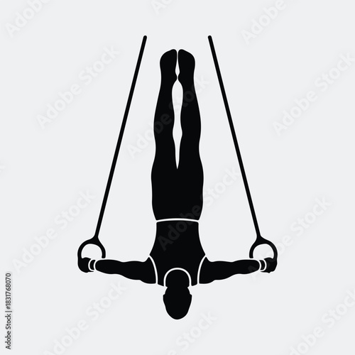Silhouette gymnast performing inverted cross exercise on gymnastic rings vector illustration