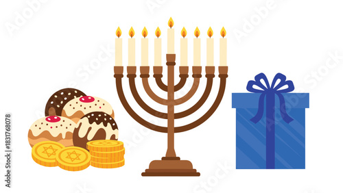 Celebrate Hanukkah with delicious donuts, chocolate coins, a glowing menorah and a wrapped gift box for joyous holiday traditions