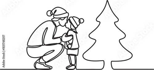 Continuous one-line drawing illustration of a parent and child near a Christmas tree.
