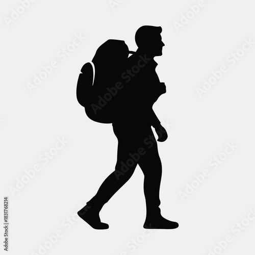 Silhouette man hiker walking with backpack adventure vector illustration