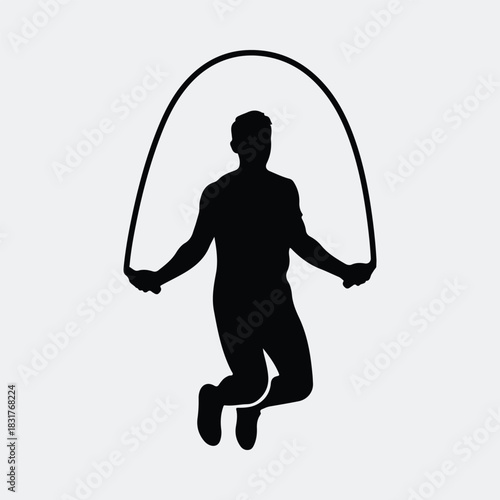 Silhouette man jumping rope exercising black and white vector illustration
