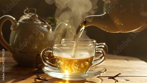 Steaming hot tea being poured from an ornate teapot into transparent cups on a wooden surface with a warm glow