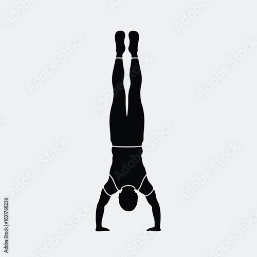 Silhouette man performing handstand calisthenics bodyweight exercise in black vector illustration