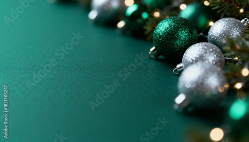 Minimalist Elegant Christmas Background with Emerald Bokeh and Silver Ornaments with copy space