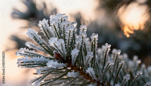 Extreme Macro Close-up of Frosted Pine Needles with Ice Crystals and Warm Backlight