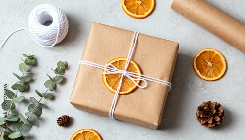 Overhead Flat Lay of Sustainable Christmas Gift Wrapping with Dried Oranges and Pine