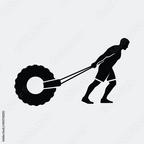 Silhouette man pulling heavy tire training functional fitness vector illustration