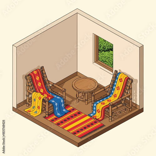 Cozy corner with bamboo chairs, ethnic textiles, and a tranquil window view