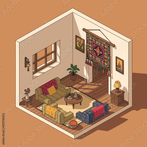 Cozy Bohemian Living Room Isometric Illustration with Warm Tones