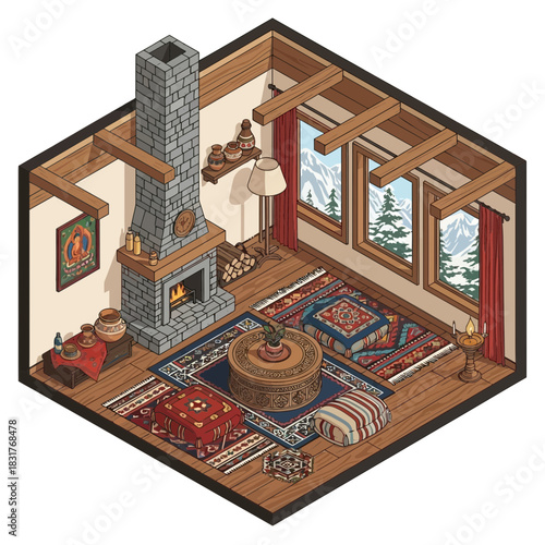 Cozy Isometric Living Room with Fireplace and Mountain View Illustration