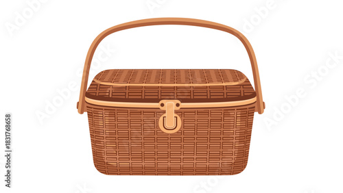 Classic wicker picnic basket with handle ready for a charming outdoor adventure or delightful storage solution for home decor trends
