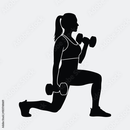 Silhouette woman lifting dumbbells performing lunges workout vector illustration