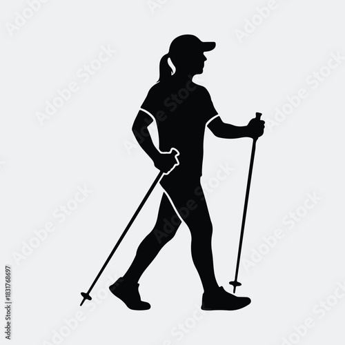 Silhouette woman nordic walking with sticks outdoor activity vector illustration