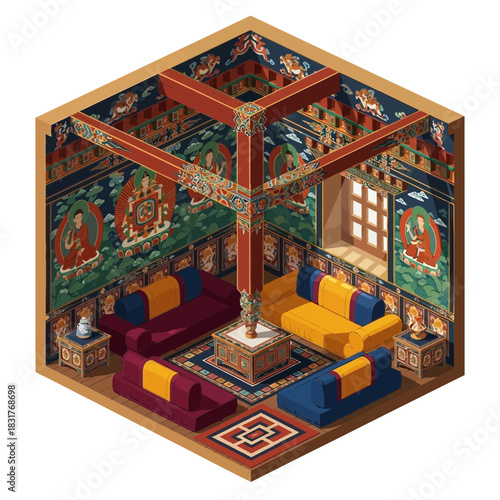 Exquisite Isometric Room Depicting Intricate Bhutanese Architectural Design