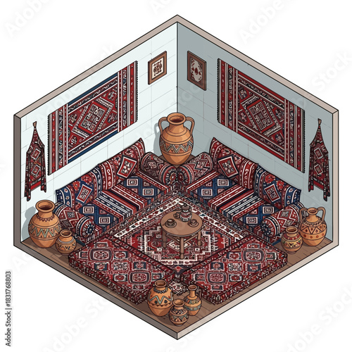 Intricate isometric interior design showcasing traditional eastern aesthetic elements
