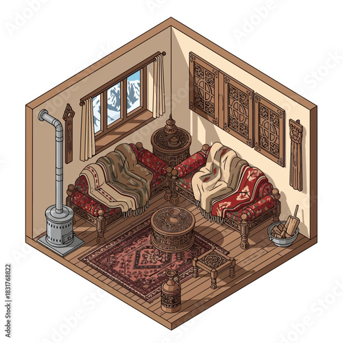 Isometric cartoon illustration cozy rustic living room interior design