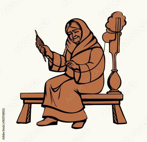 Vector drawing. An old woman spinning with a spindle