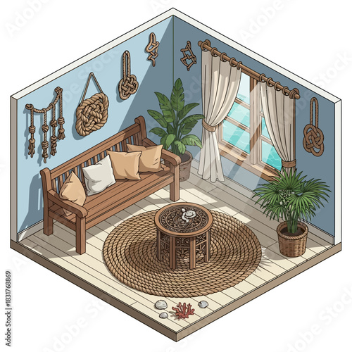 Isometric Coastal Living Room Illustration with Nautical Decoration Elements