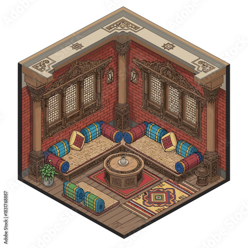 Isometric cartoon interior of a serene retreat with ethnic-inspired design