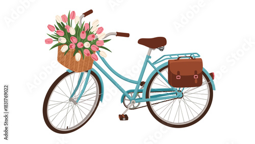 Charming blue bicycle with a basket of pretty tulips and a stylish leather bag perfect for spring adventures and whimsical designs