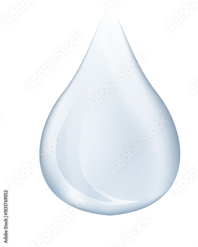 A photorealistic graphic of a single, pure water droplet isolated on a white background.