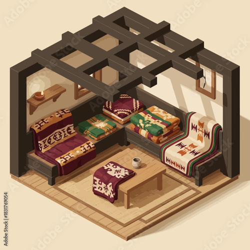 Isometric illustration featuring cozy dwelling interior with indigenous blankets