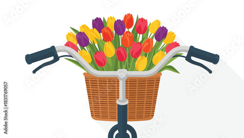 Charming bicycle with basket overflowing with vibrant tulips perfect for greeting cards and springtime designs, adding a touch of whimsy