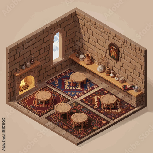 Isometric illustration of a cozy traditional living room with a fireplace