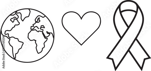 Line drawing illustration of global health and awareness symbols