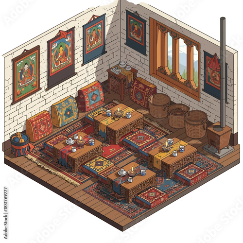 Isometric illustration of traditional Tibetan style tea room with carpets