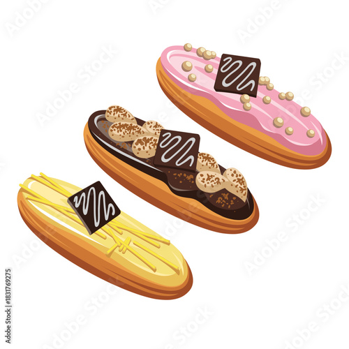 Traditional french dessert - eclairs with chocolate, fruit and berries isolated on a white background. Cartoon style. Sweets - cupcakes. Illustration for children.