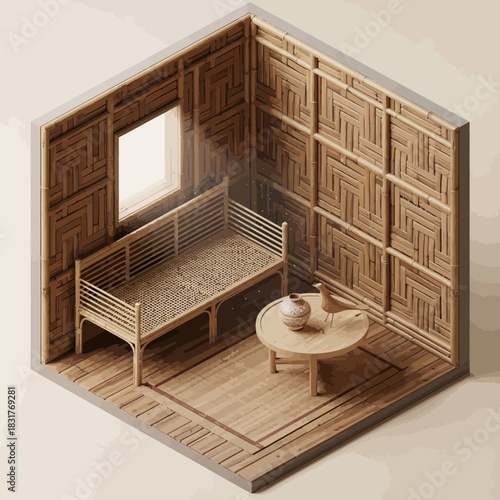 Isometric illustration showing a room interior design with bamboo elements