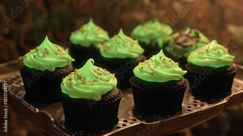 A Close-Up View of a Platter Filled with Eight Deliciously Decorated Chocolate Cupcakes