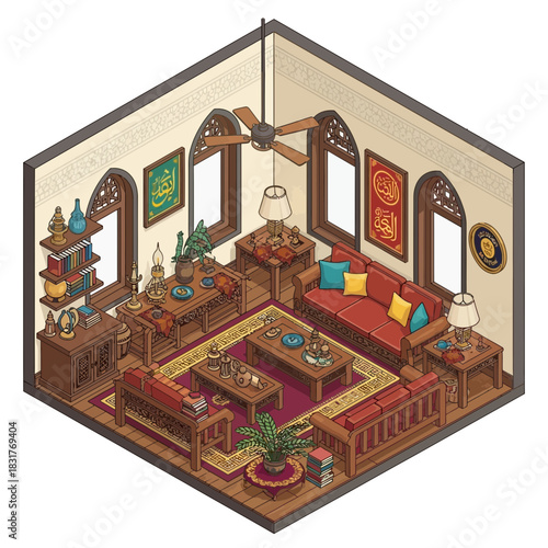 Isometric Moroccan Style Living Room Interior Design for Residential Projects
