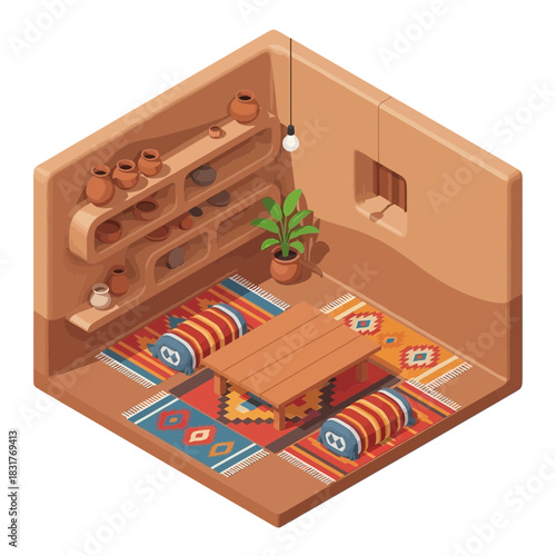 Isometric Moroccan Room Interior Design with Pottery and Traditional Rugs