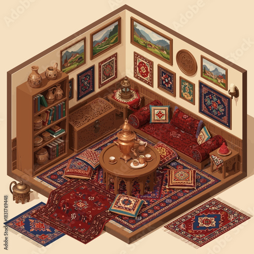 Isometric rendering of a cozy room decorated in the oriental style