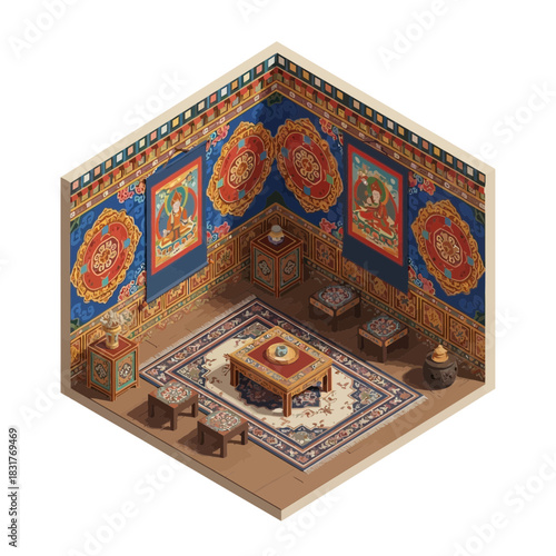 Isometric room showcasing a traditional interior with cultural decorations