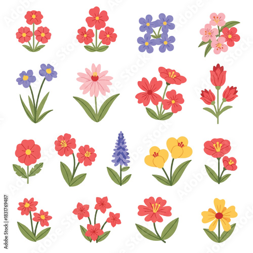 A colorful collection featuring eighteen distinct flower species presented as a beautiful botanical set of isolated vector illustrations rendered in modern flat 2D style on a clean white background.