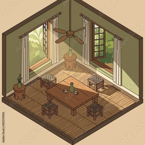 Isometric view of a naturally lit room with calming atmosphere and design