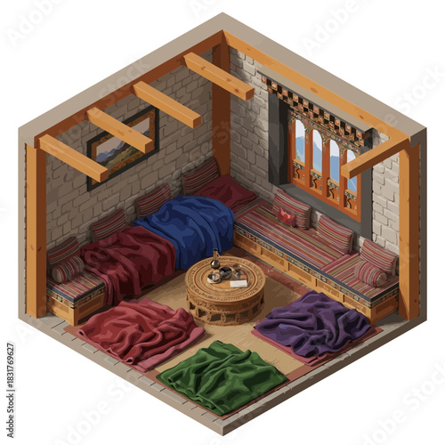 Isometric view of a traditional Bhutanese interior with colorful fabrics