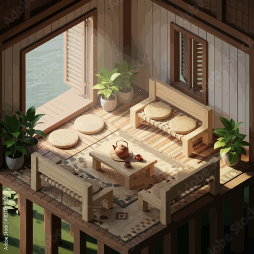 Serene riverside retreat with traditional decor and lush greenery view